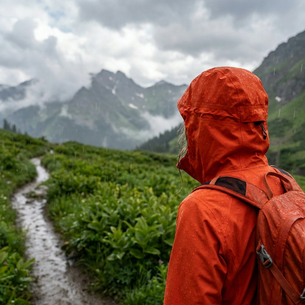 Wanderin lächelt frontal im Regen mit orangener Hardshelljacke und Kapuze am Berg