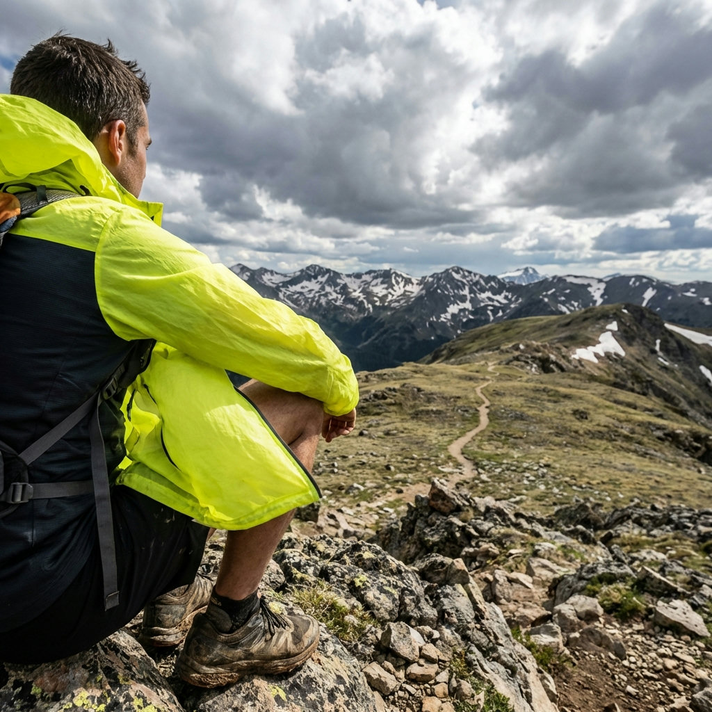 Trailrunner frontal auf Alpengrat in neongelber Windbreaker