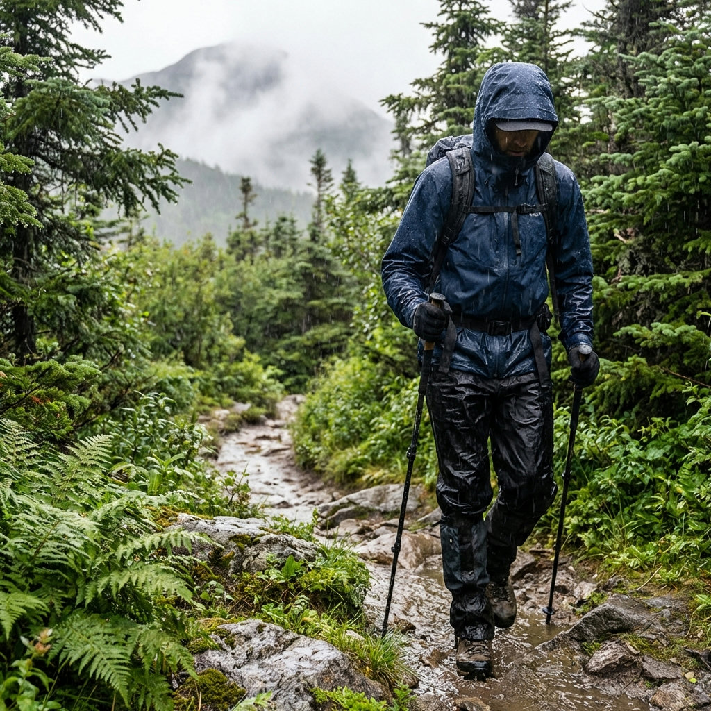 Wanderer im Frühlingsregen mit Regenjacke und Regenhose auf Bergpfad