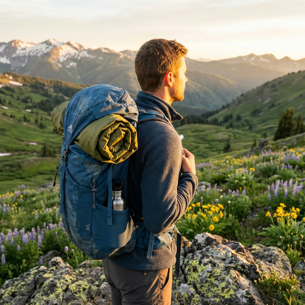 Wanderer im Seitenprofil mit Tagesrucksack blickt über Frühlings-Alpental