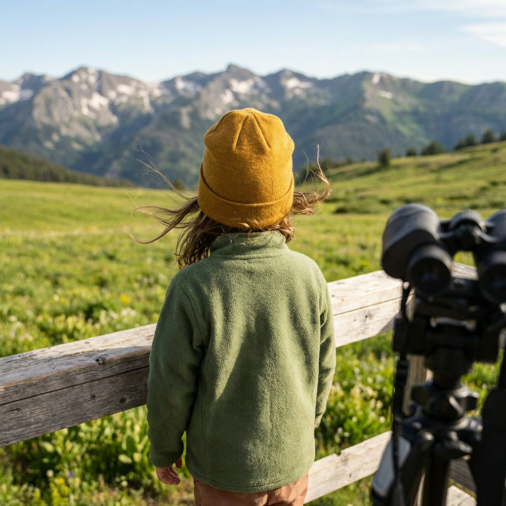 Lachendes Kind mit leichter Merino-Mütze an windigem Frühlings-Aussichtspunkt am Berg