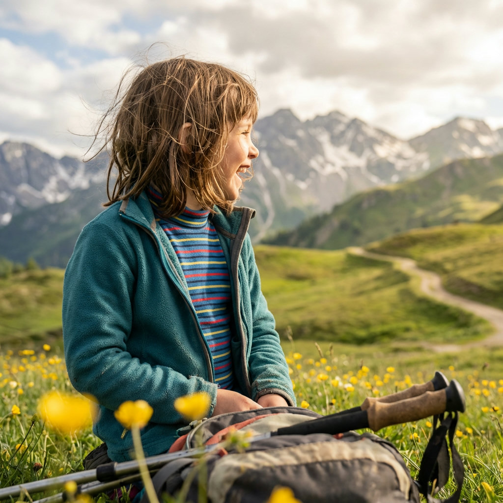 Lachendes Mädchen in Fleece-Jacke auf Frühlings-Bergwiese mit Wildblumen