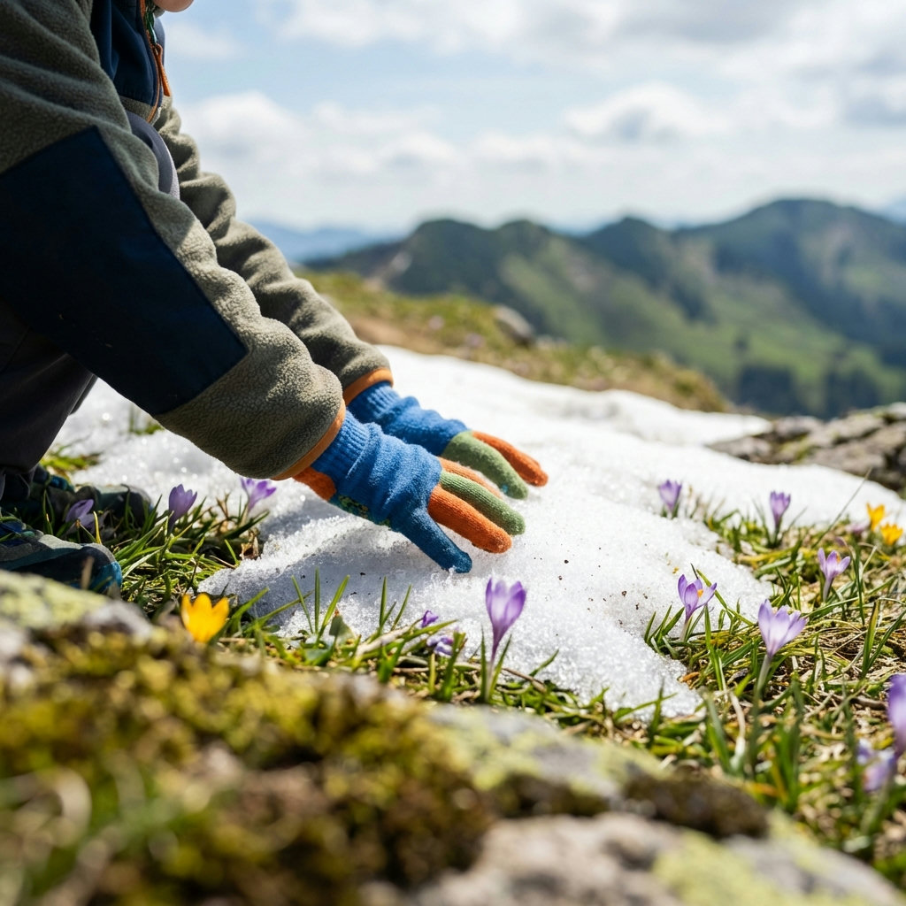 Kind greift mit dünnen Wanderhandschuhen nach Schneerest auf Frühlings-Almwiese