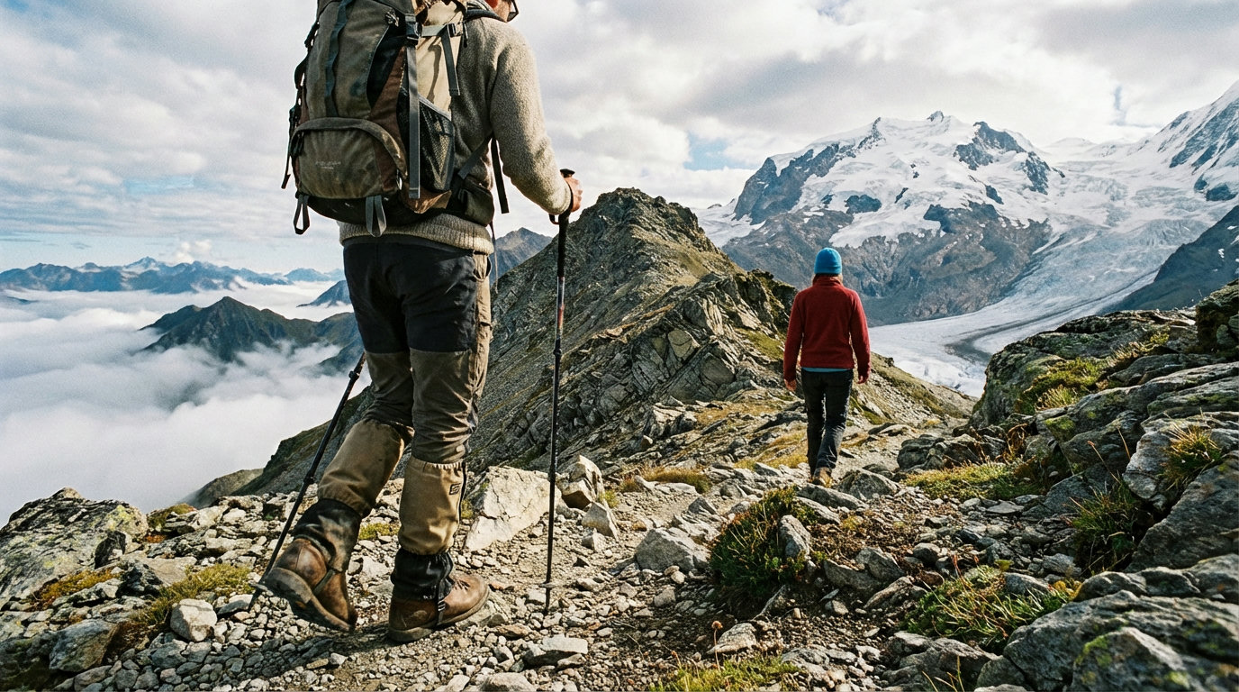Zwei Wanderer auf einem breiten alpinen Grat über 3.000 Metern mit Gletscherblick (KI-generierte Darstellung)