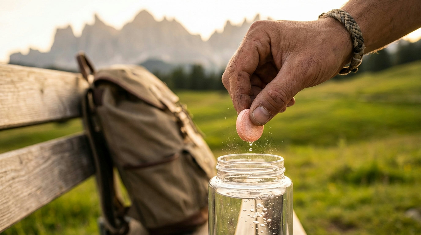 Magnesium-Brausetablette wird nach einer Wanderung in eine Trinkflasche gegeben