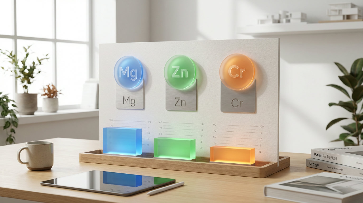 Infografik zu Magnesium, Zink und Kreatin mit Dosierungen und Bioverfügbarkeit