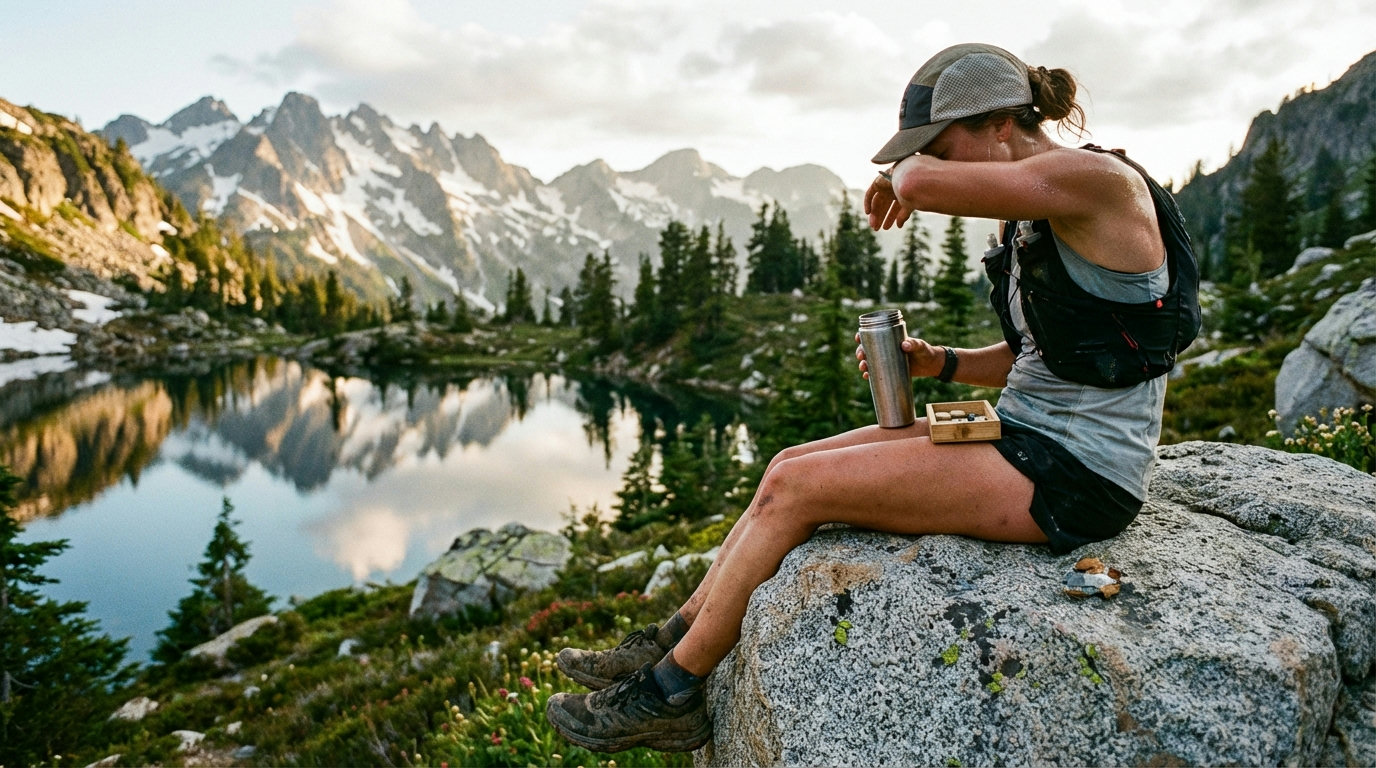 Trailrunnerin am Bergsee mit Supplement-Dose und Shaker nach dem Training