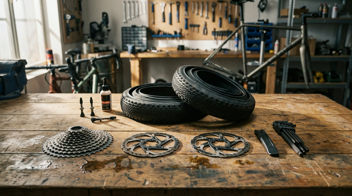 Gravelbike-Komponenten auf einem Werkstatttisch: Reifen, Kassette, Scheibenbremse, Tubeless-Zubehör (KI-generierte Darstellung)
