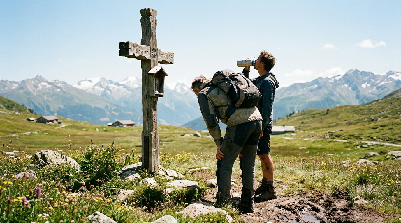 Zwei Wanderer machen eine Atempause an einem Wegkreuz in den Bergen