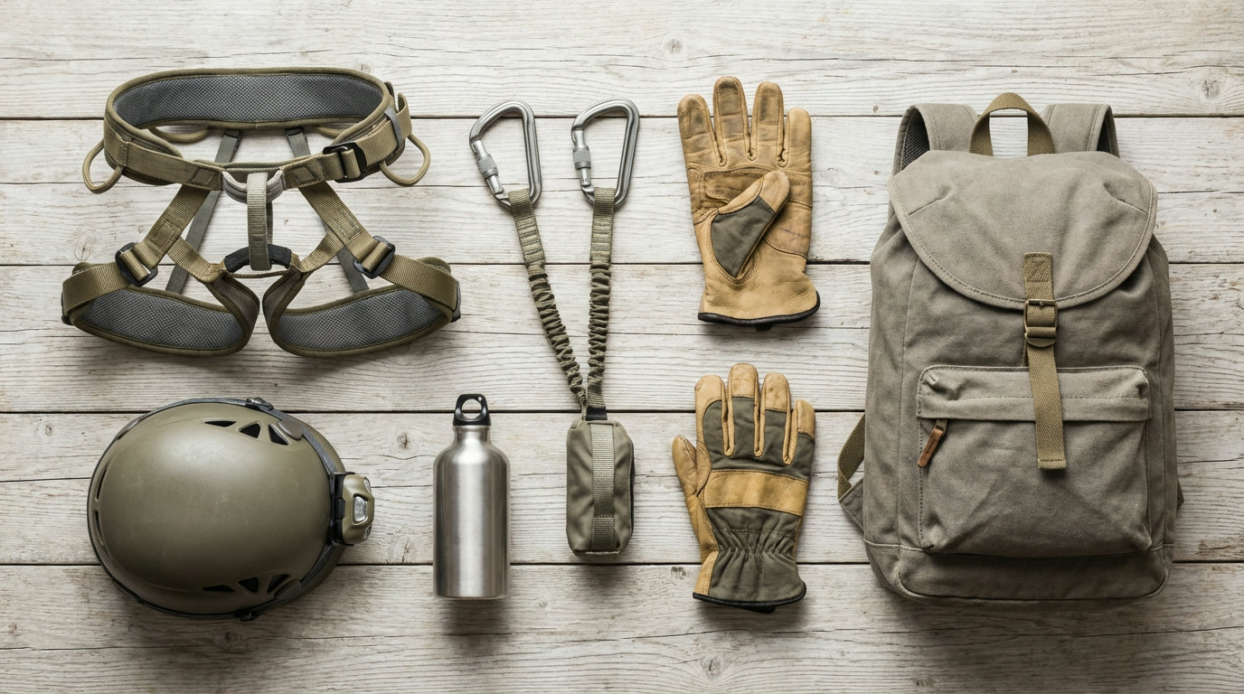 Komplette Klettersteig-Ausrüstung mit Helm, Gurt, Klettersteigset und Handschuhen (KI-generierte Darstellung)