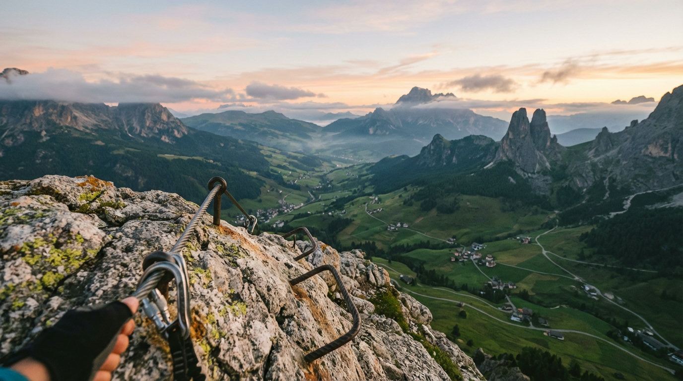 Versicherter Klettersteig entlang einer ausgesetzten Felskante mit Blick ins Tal (KI-generierte Darstellung)
