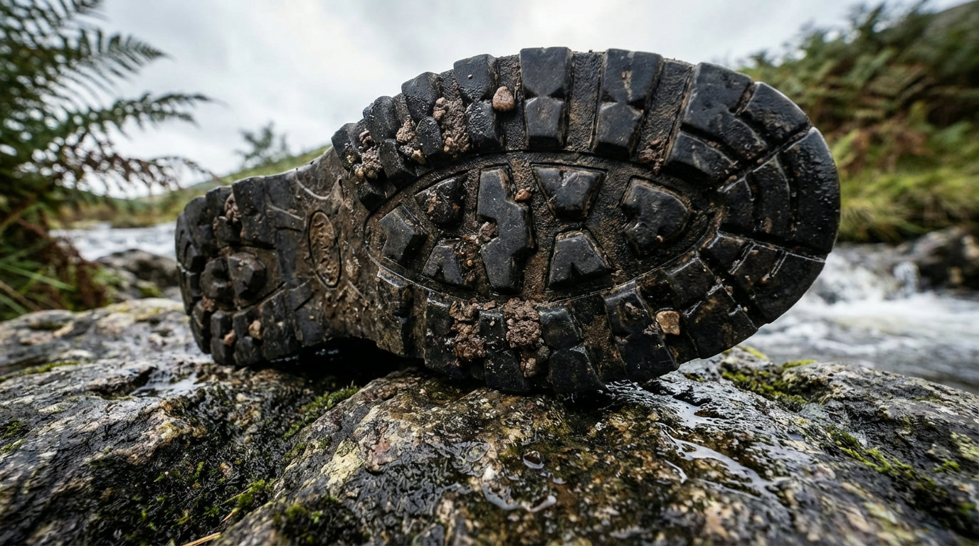Detailaufnahme eines Wanderschuh-Sohlenprofils auf nassem Fels