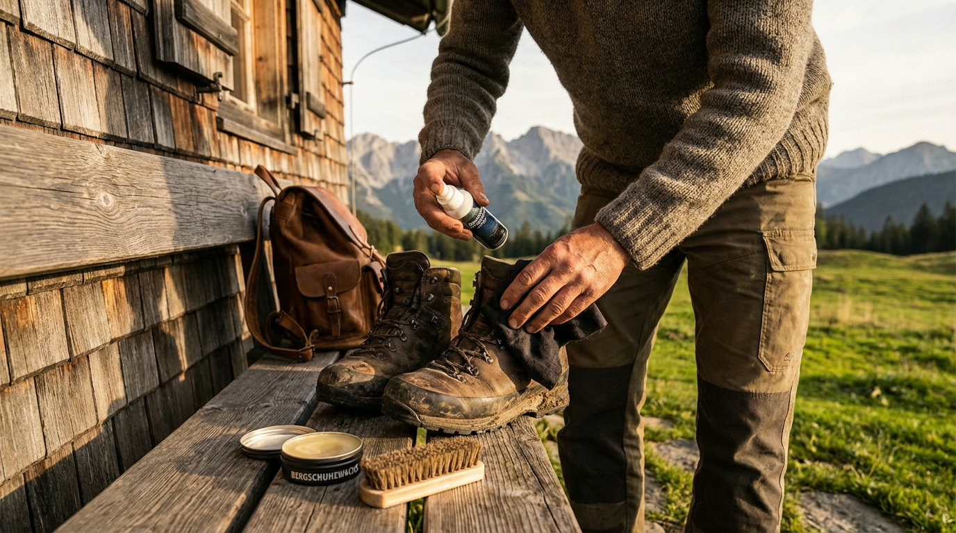 Wanderer pflegt Lederwanderschuhe mit Imprägniermittel auf einer Almbank
