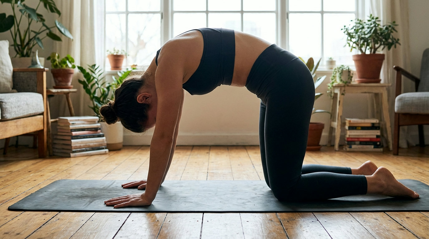 Person im Vierfüßlerstand bei der Katze-Kuh-Übung mit rundem Rücken auf einer Yogamatte
