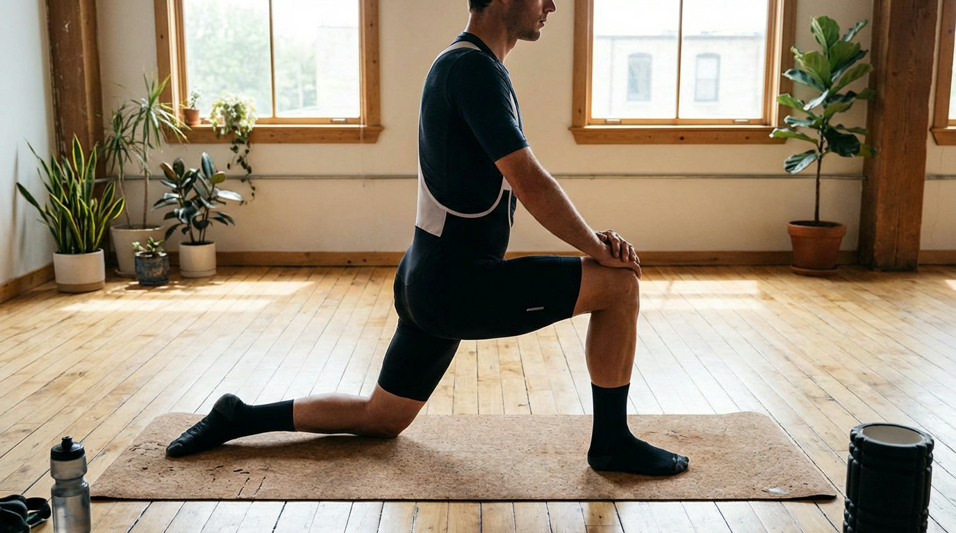 Sportler im tiefen Ausfallschritt auf der Yogamatte — Hüftbeuger-Stretch für Radfahrer