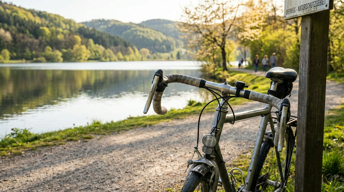 Fahrrad am Uferweg eines Sees im Frühling mit Blick auf sanfte Hügel