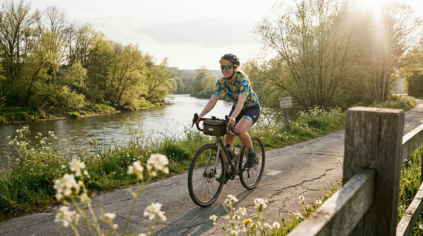 Radfahrerin in Frühlingsradbekleidung auf einem asphaltierten Uferradweg an einem Fluss