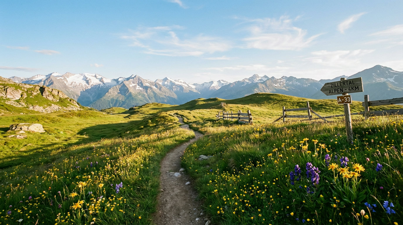 Weiter Blick über eine alpine Berglandschaft mit Wanderweg durch grüne Almwiesen und schneebedeckte Gipfel (KI-generierte Darstellung)