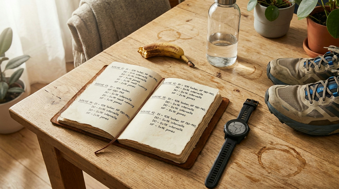 Trainingstagebuch mit handschriftlichen Wochenplänen, daneben Sportuhr, Wasserflasche und Laufschuhe auf einem Holztisch