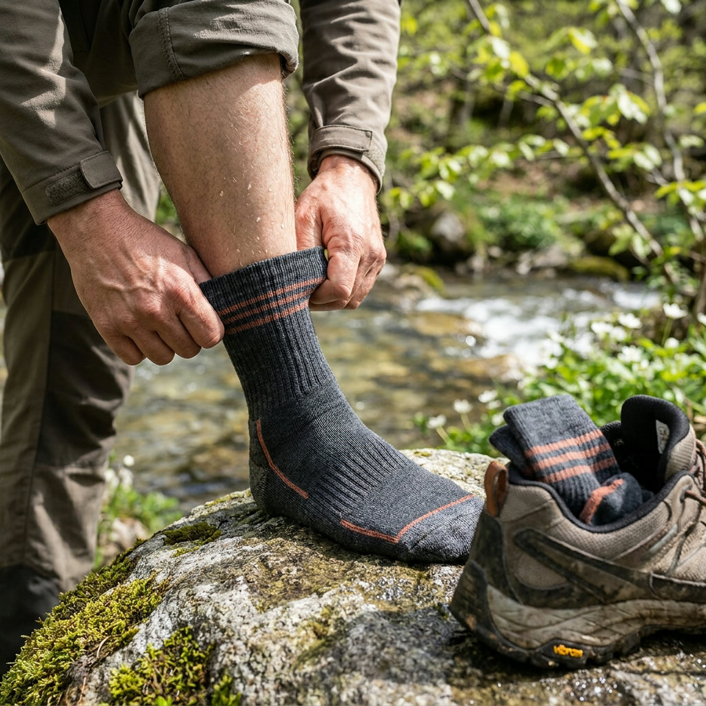 Wanderin zieht am Bergbach frische Merino-Wandersocken über die Wade (KI-generierte Darstellung)