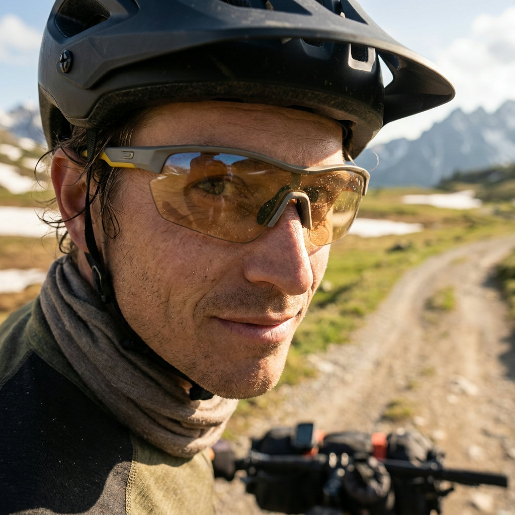 Gravel-Radfahrer mit moderner Wraparound-Sportbrille im Mid-Ride
