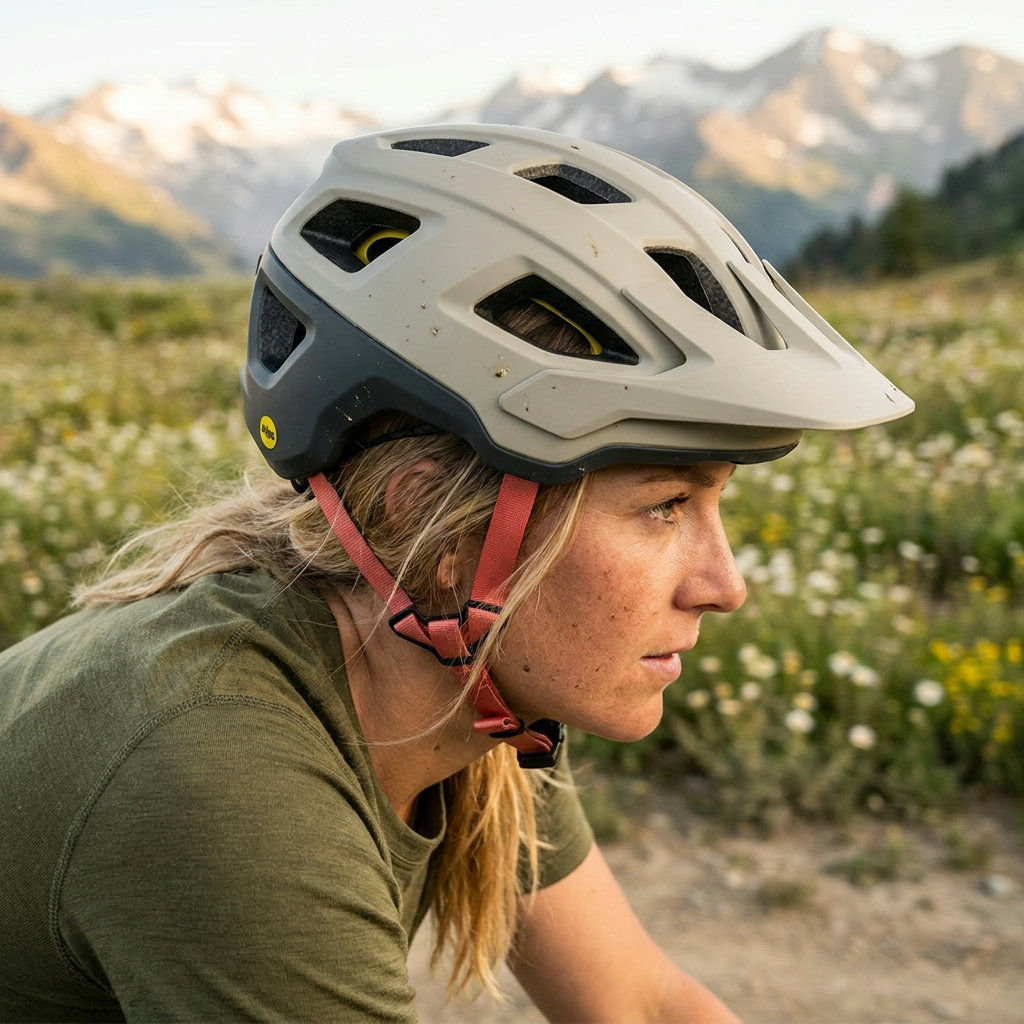 Bikepackerin mit modernem Gravel-Helm im Einsatz auf einem alpinen Frühlings-Trail (KI-generierte Darstellung)