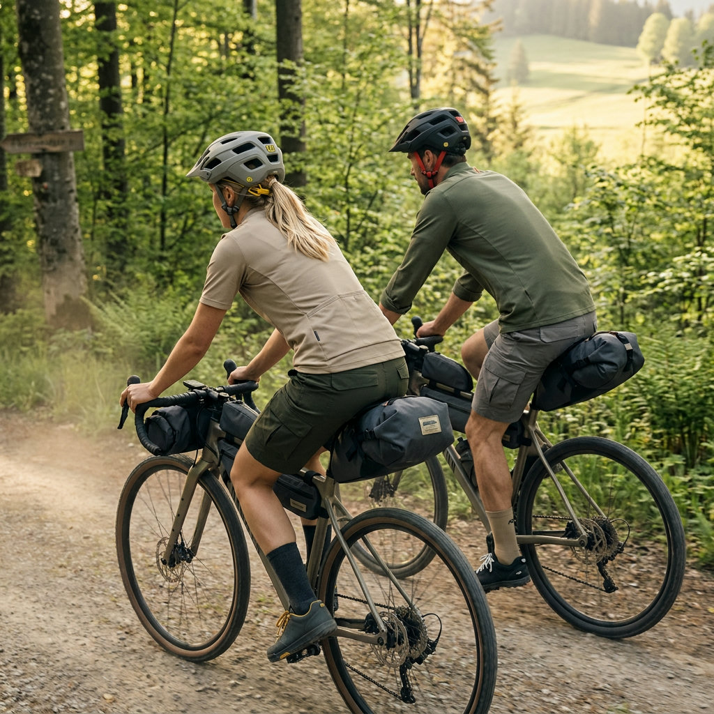 Zwei Bikepacker in entspannter Gravel-Bekleidung auf einem sonnigen Schotterweg im Frühling (KI-generierte Darstellung)
