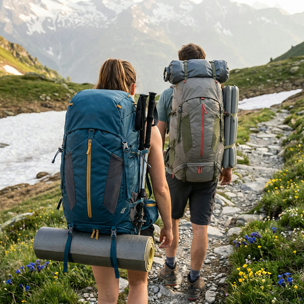Zwei Trekker von hinten mit großen Mehrtages-Trekkingrucksäcken auf einem alpinen Frühlings-Trail (KI-generierte Darstellung)
