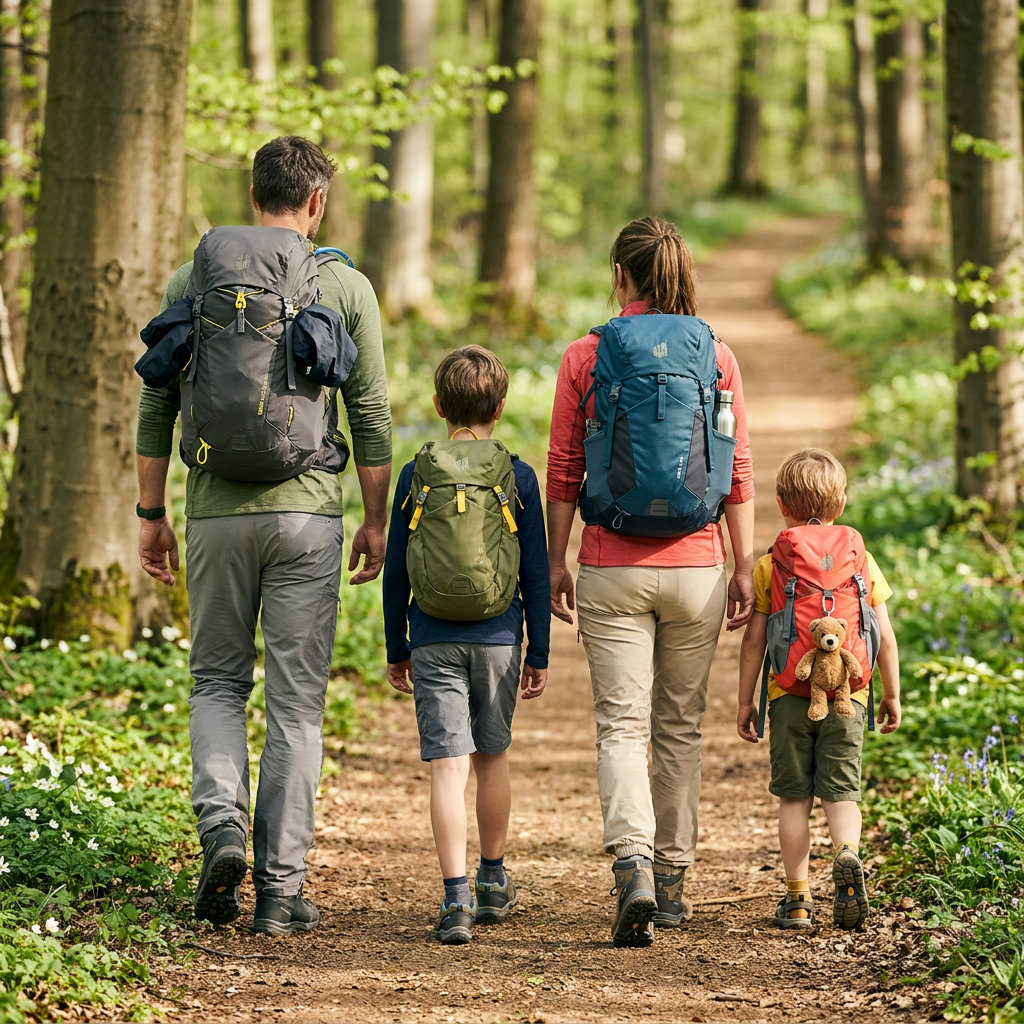 Familie von hinten mit vier verschiedenen Wanderrucksäcken auf einem sonnigen Waldweg im Frühling (KI-generierte Darstellung)