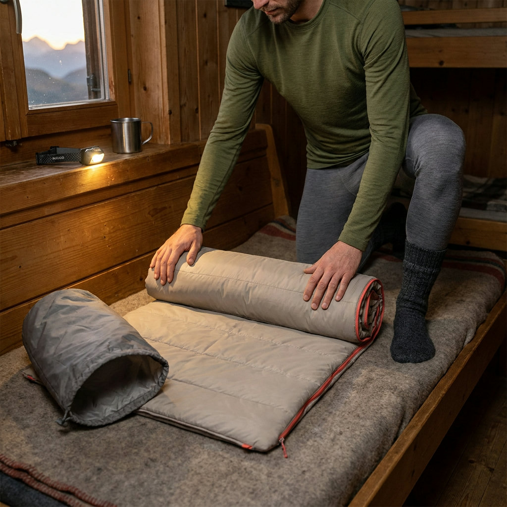 Person in modernem Hüttenschlafsack in Alpenunterkunft