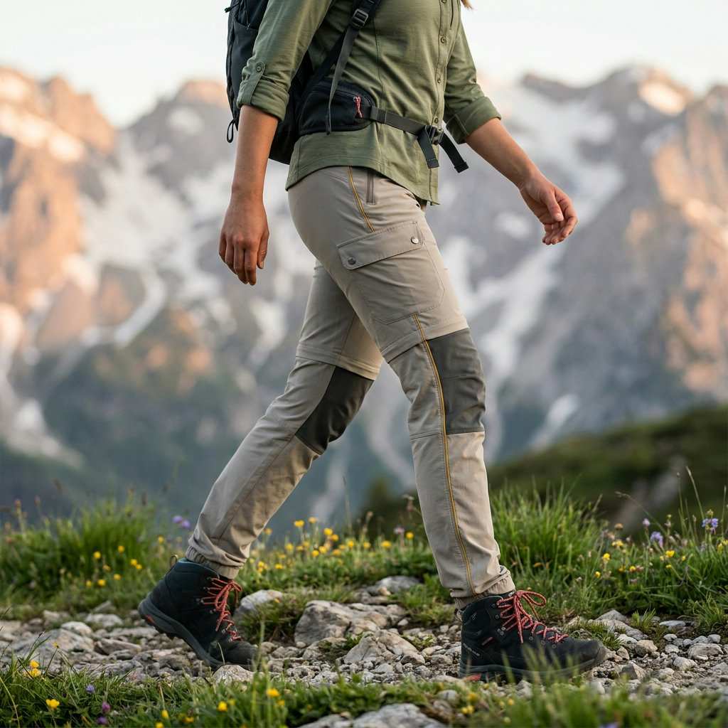 Wanderin im Mid-Stride mit moderner technischer Trekkinghose mit Zip-off-Beinen auf einem alpinen Frühlings-Trail (KI-generierte Darstellung)