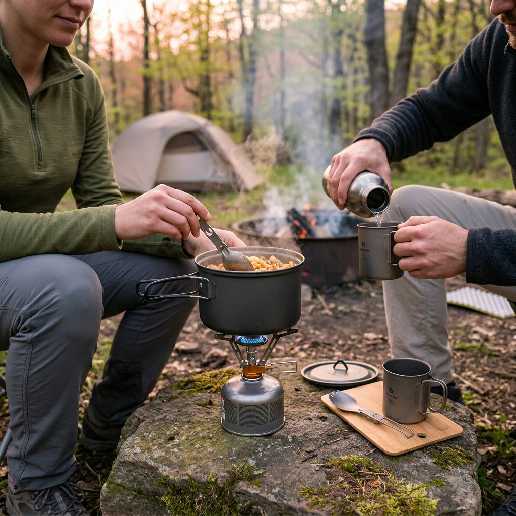 Zwei Camper kochen am Campingplatz im Abendlicht auf einem leichten Backpacking-Kocher (KI-generierte Darstellung)