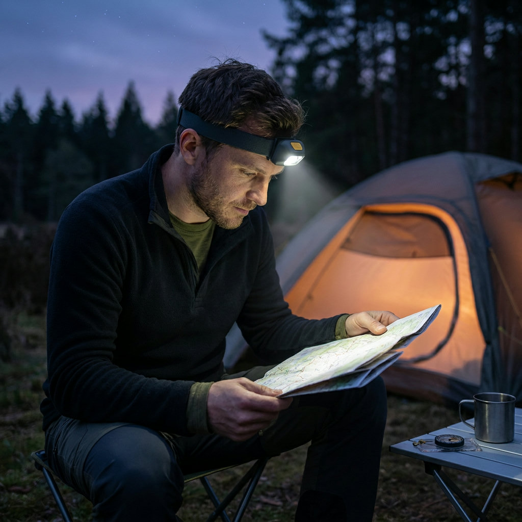 Camper mit moderner LED-Stirnlampe liest in der Dämmerung am Zelt eine Wanderkarte (KI-generierte Darstellung)