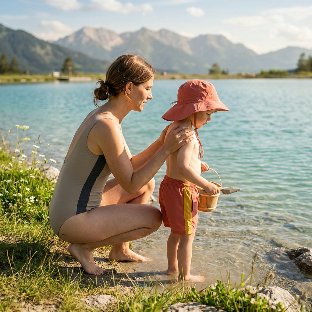 Mutter und Kind mit UV-Sonnenhut und Badeshort am Ufer eines Alpensees in der Frühlingssonne (KI-generierte Darstellung)