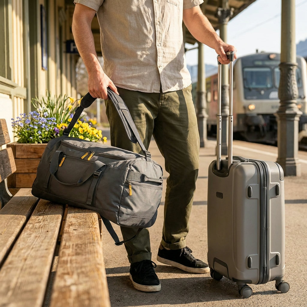 Reisender stellt einen Weekender auf eine Bank und hält einen Trolley-Koffer auf dem Bahnsteig (KI-generierte Darstellung)