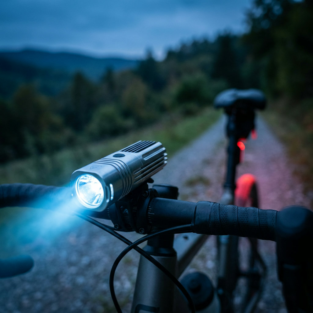 Moderne Front-Bike-Lampe am Lenker eines Gravelbikes in der Dämmerung
