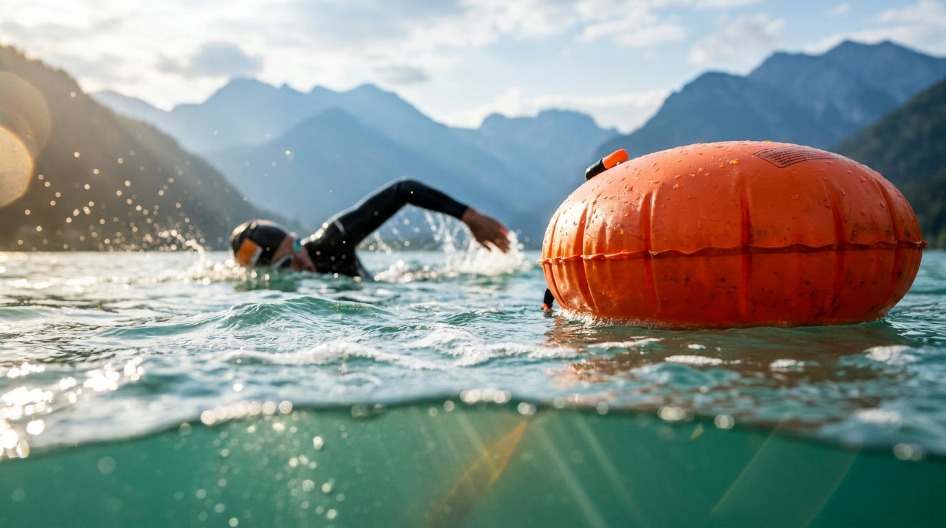 Orangefarbene Schwimmboje treibt auf einem türkisfarbenen Bergsee, im Hintergrund eine Schwimmerin im Neoprenanzug (KI-generierte Darstellung)