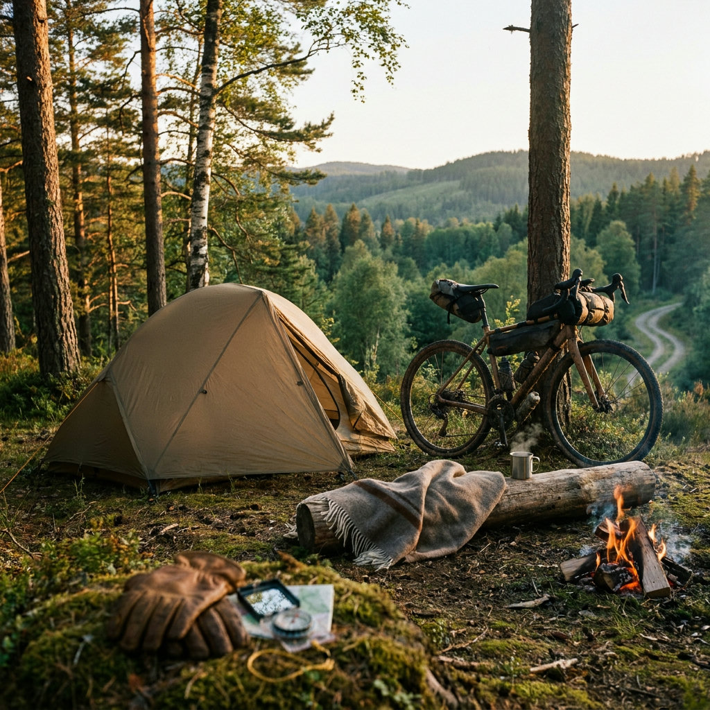 Leichtes 1-Personen-Bikepacking-Zelt neben Gravelbike im Abendlicht
