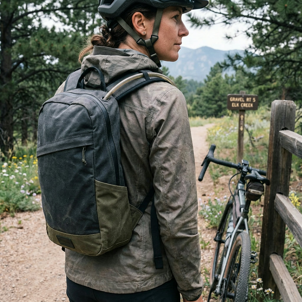 Kompakter Radrucksack mit Trinksystem auf dem Rücken einer Gravel-Bikepackerin