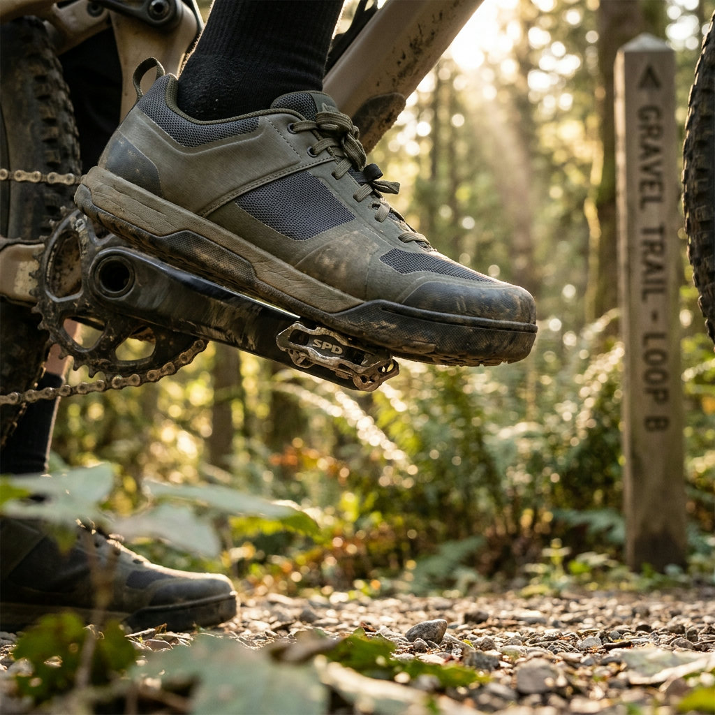 MTB-Schuh rastet ins SPD-Klickpedal eines Gravelbikes ein – Action-Detail im Wald