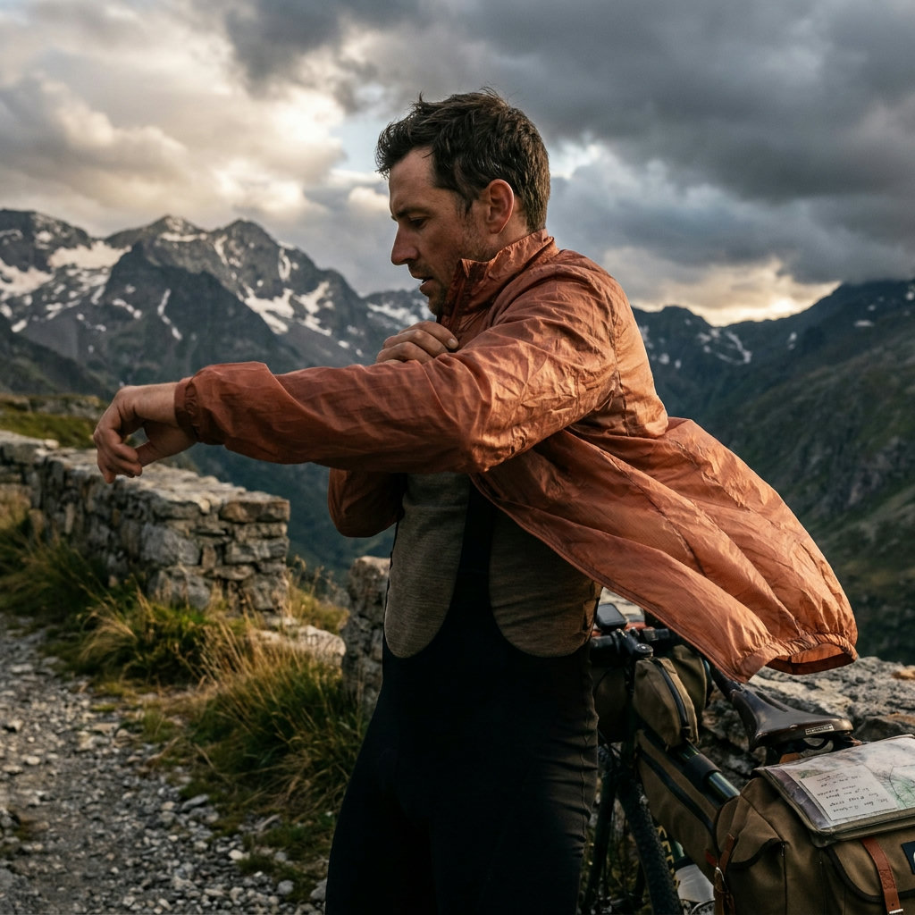 Radfahrer zieht Windjacke auf einem Bergpass über – dramatische Wolken im Hintergrund