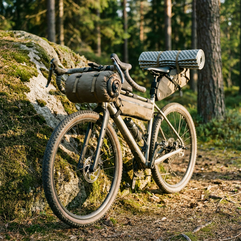Bikepacker sitzt im Schlafsack vor seinem Zelt am Bergsee bei Sonnenaufgang