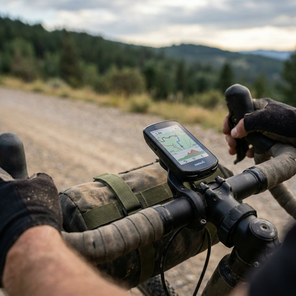 GPS-Bike-Computer am Lenker mit Routenkarte – Detail-Shot