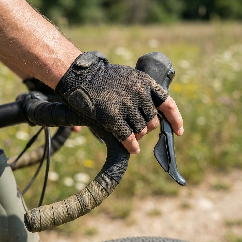 Hand mit Halbfinger-Radhandschuh am Bremsgriff eines Gravelbikes