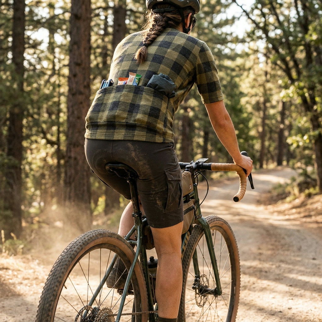 Gravel-Radfahrerin von hinten in Trikot mit gefüllten Rückentaschen auf Waldweg