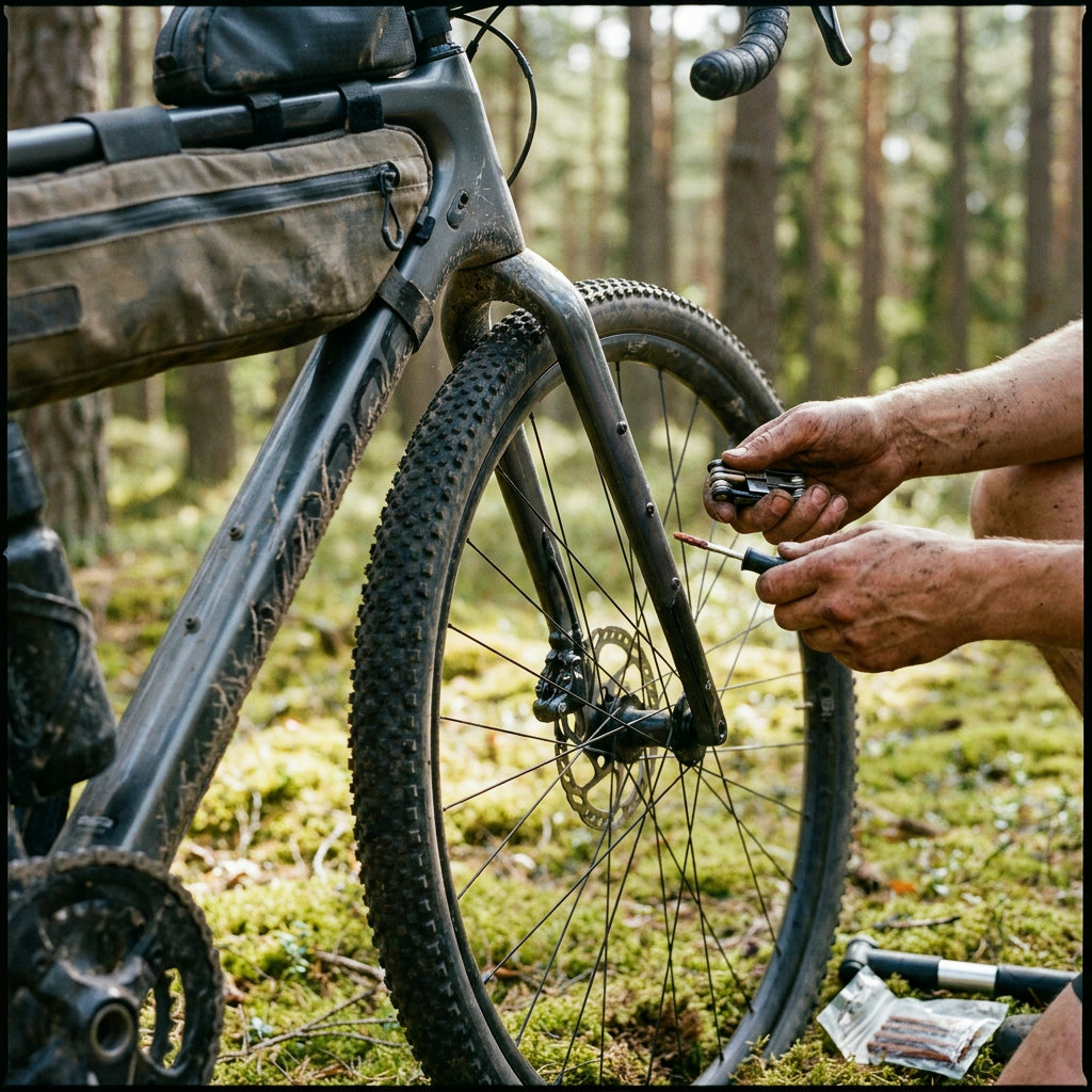 Hände flicken einen Reifen am Gravelbike mit Multitool und Plug-Kit – Action-Detail