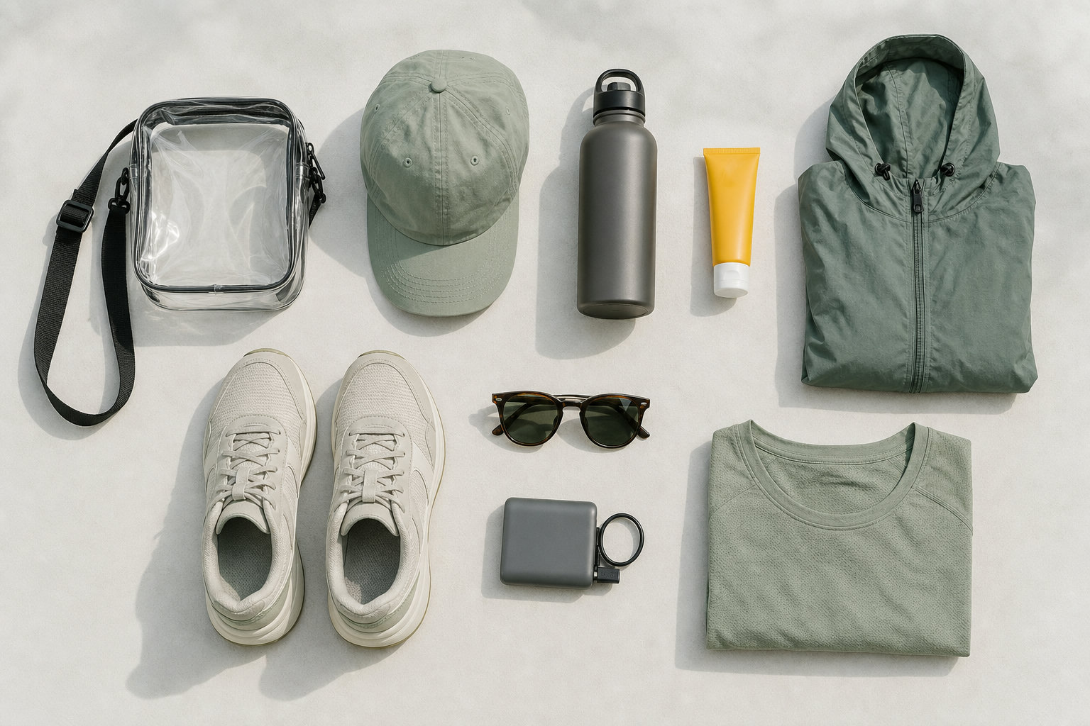 Outdoor-Gear für die WM-Reise: transparente Bag, Sonnencreme, Trinkflasche, Funktionskleidung