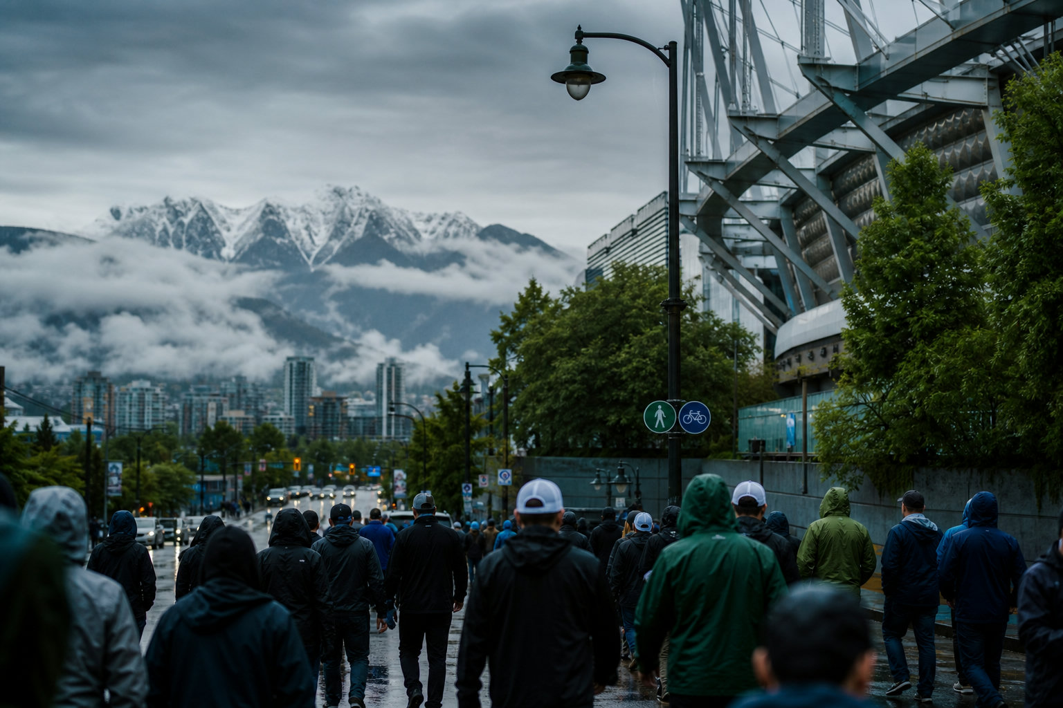 WM-Fans in Vancouver mit Regenjacken – Berge im Hintergrund, typisches Westküsten-Wetter