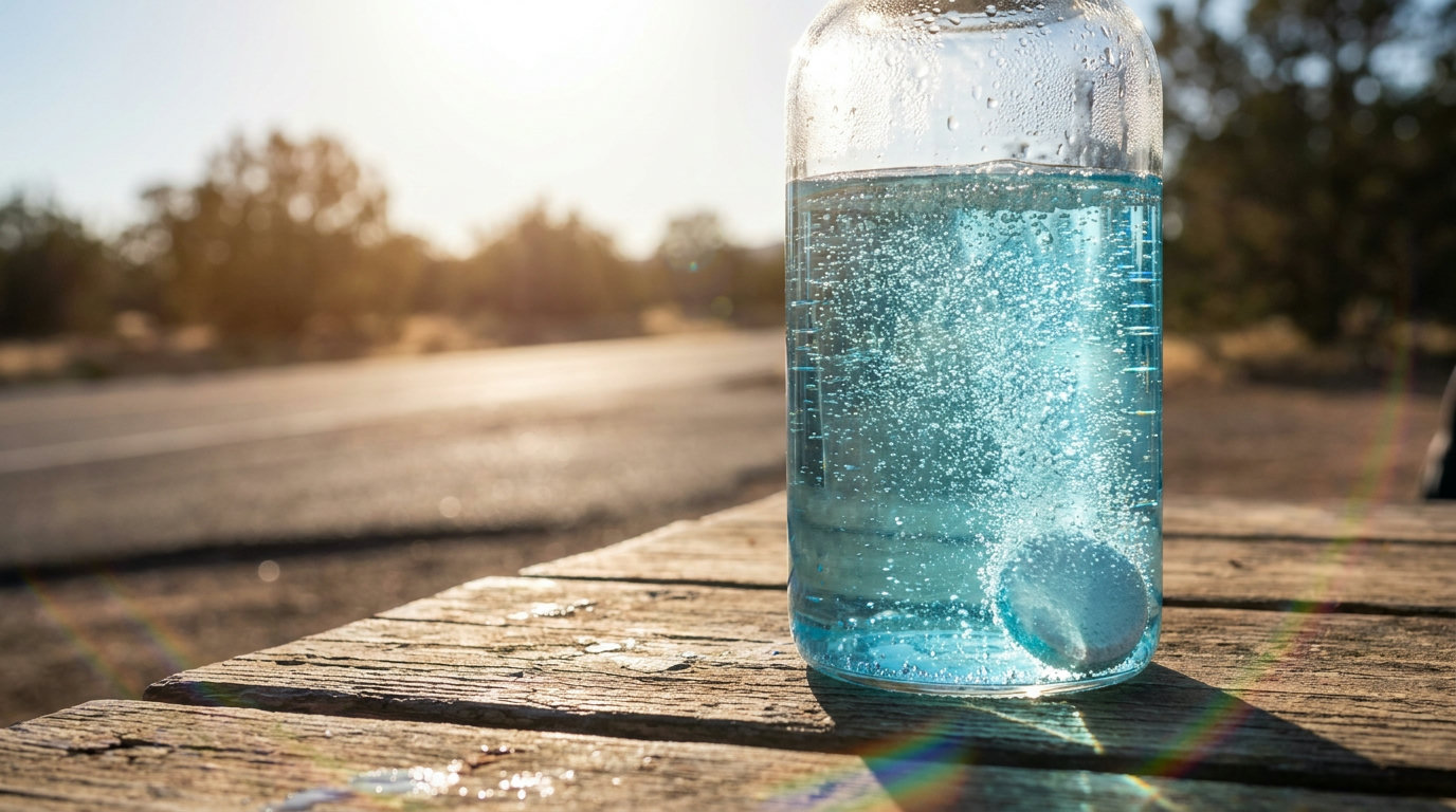 Elektrolyt-Brausetablette löst sich in einem Glas Wasser auf - Bläschen sichtbar, Sommerhitze im Hintergrund