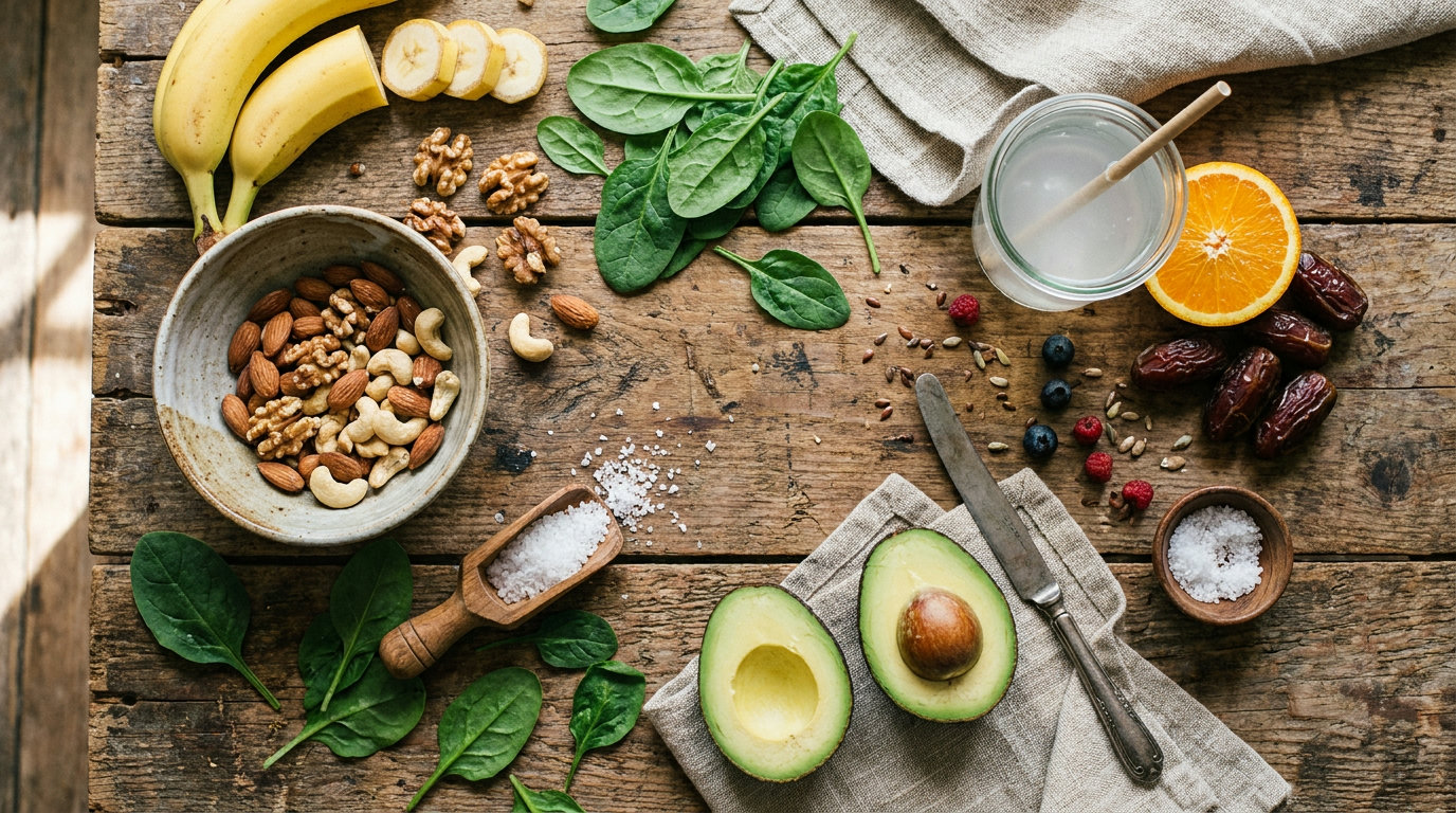 Elektrolytreiche Lebensmittel auf Holztisch: Bananen, Nüsse, Spinat, Avocado, Meersalz, Kokoswasser